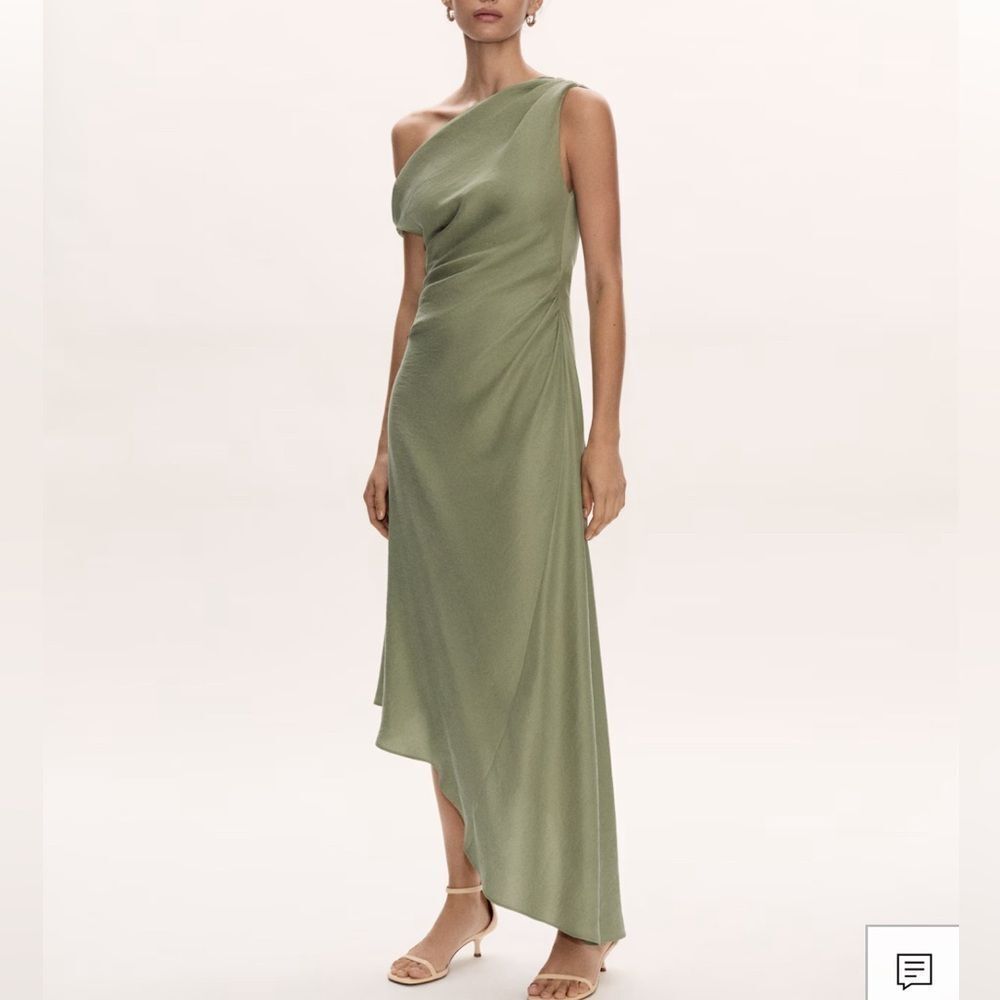 Mango One-Shoulder Asymmetrical Olive Green Dress